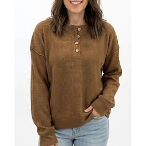 NEW HEM & THREAD waffle knit henley sweater in brown